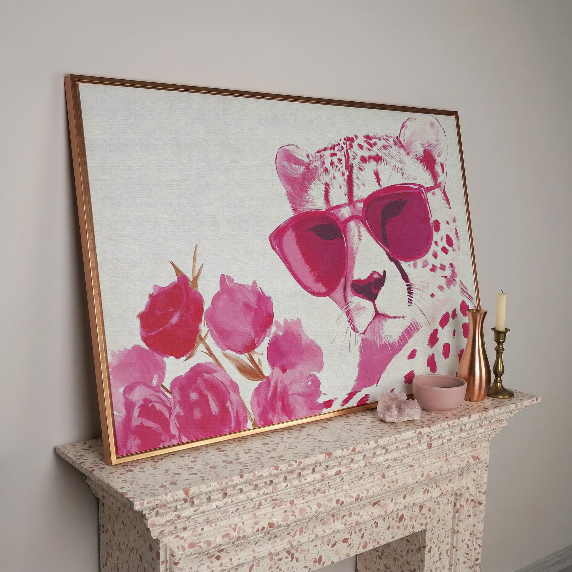 Pink Cheetah with Blooms Canvas in rose gold floating frame
