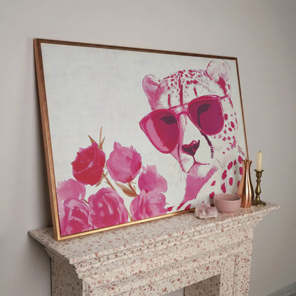 Pink Cheetah with Blooms Canvas in rose gold floating frame