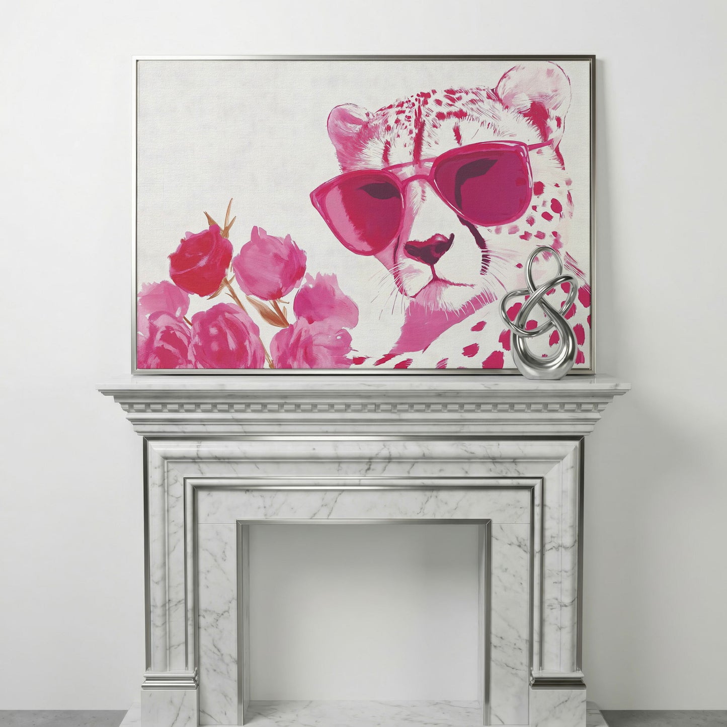 Pink Cheetah with Blooms Canvas in silver floating frame
