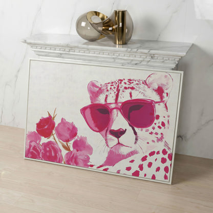 Pink Cheetah with Blooms Canvas in white floating frame