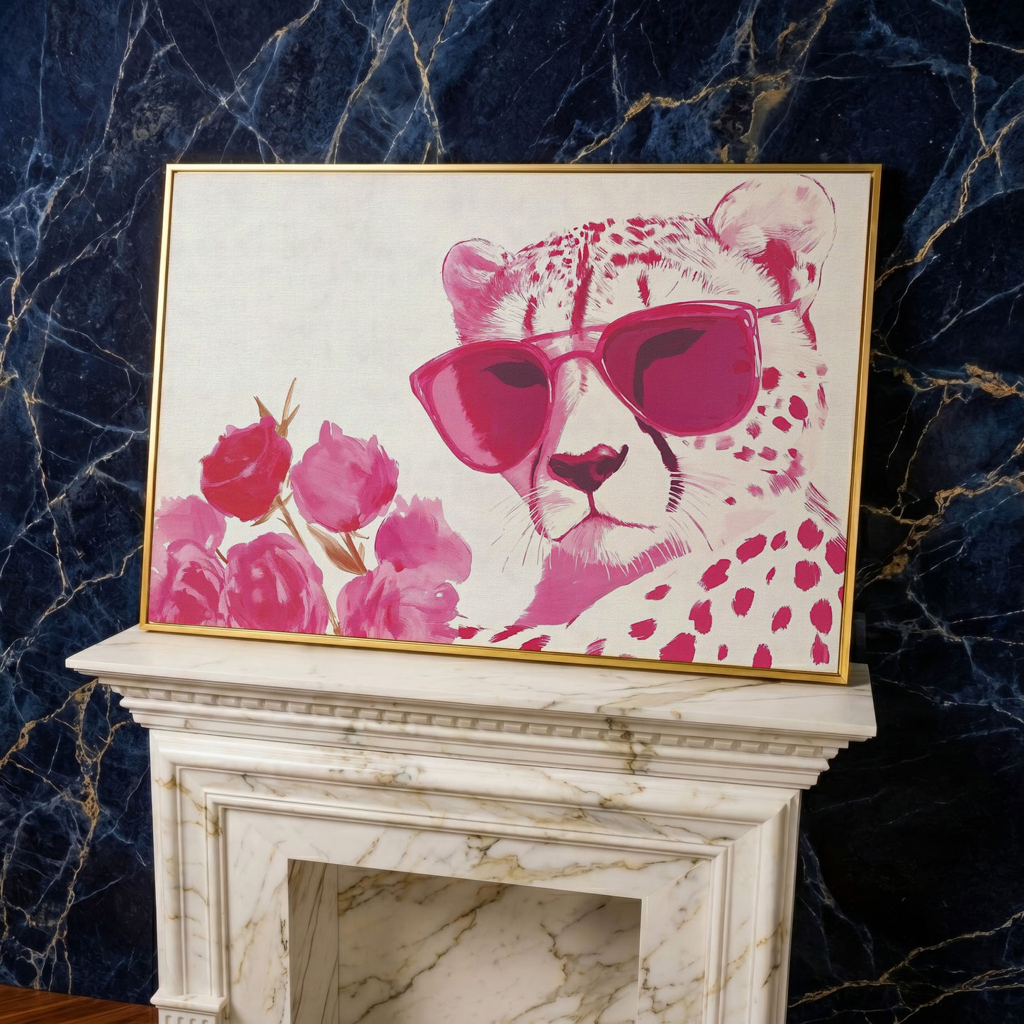 Pink Cheetah with Blooms Canvas in yellow gold floating frame