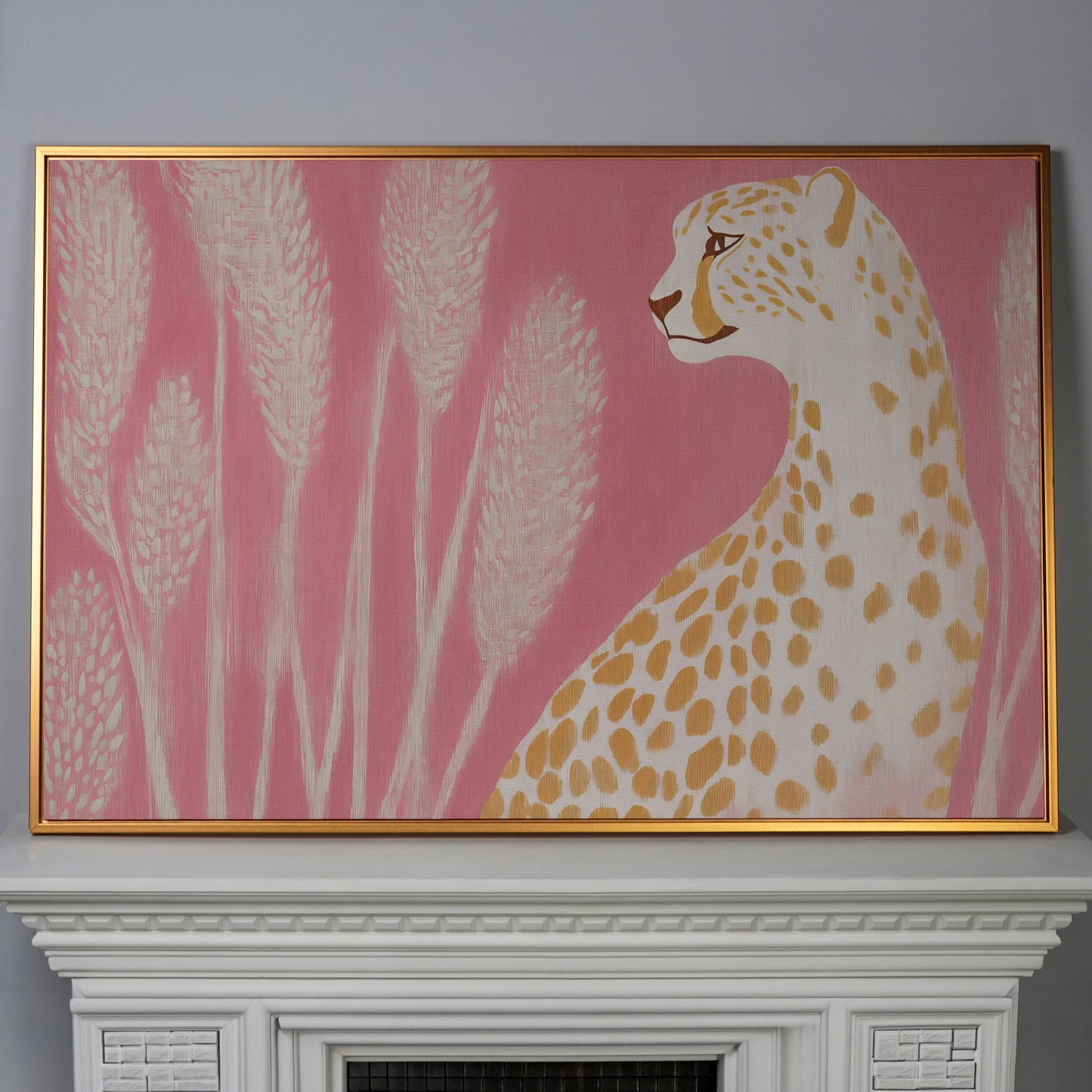 Elegant Cheetah on Pink Canvas in antique gold floating frame