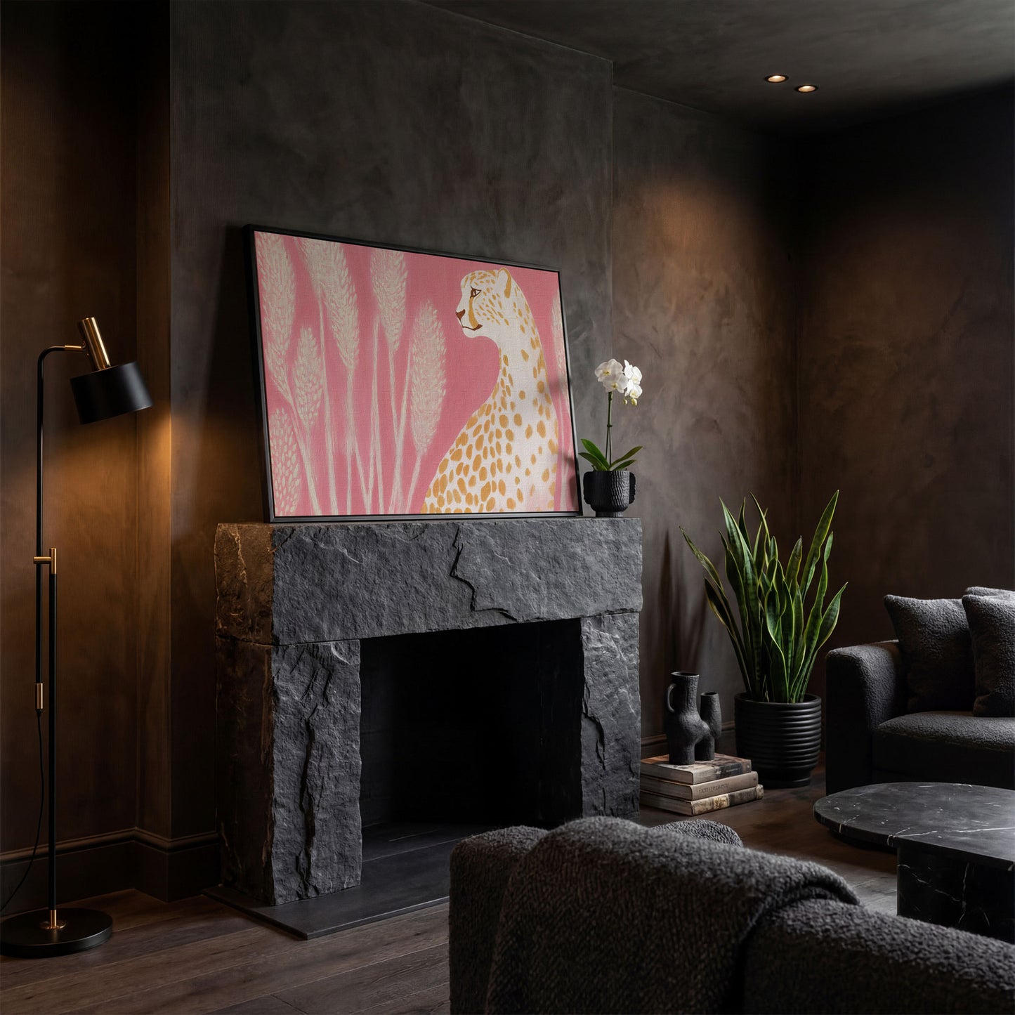 Elegant Cheetah on Pink Canvas in black floating frame