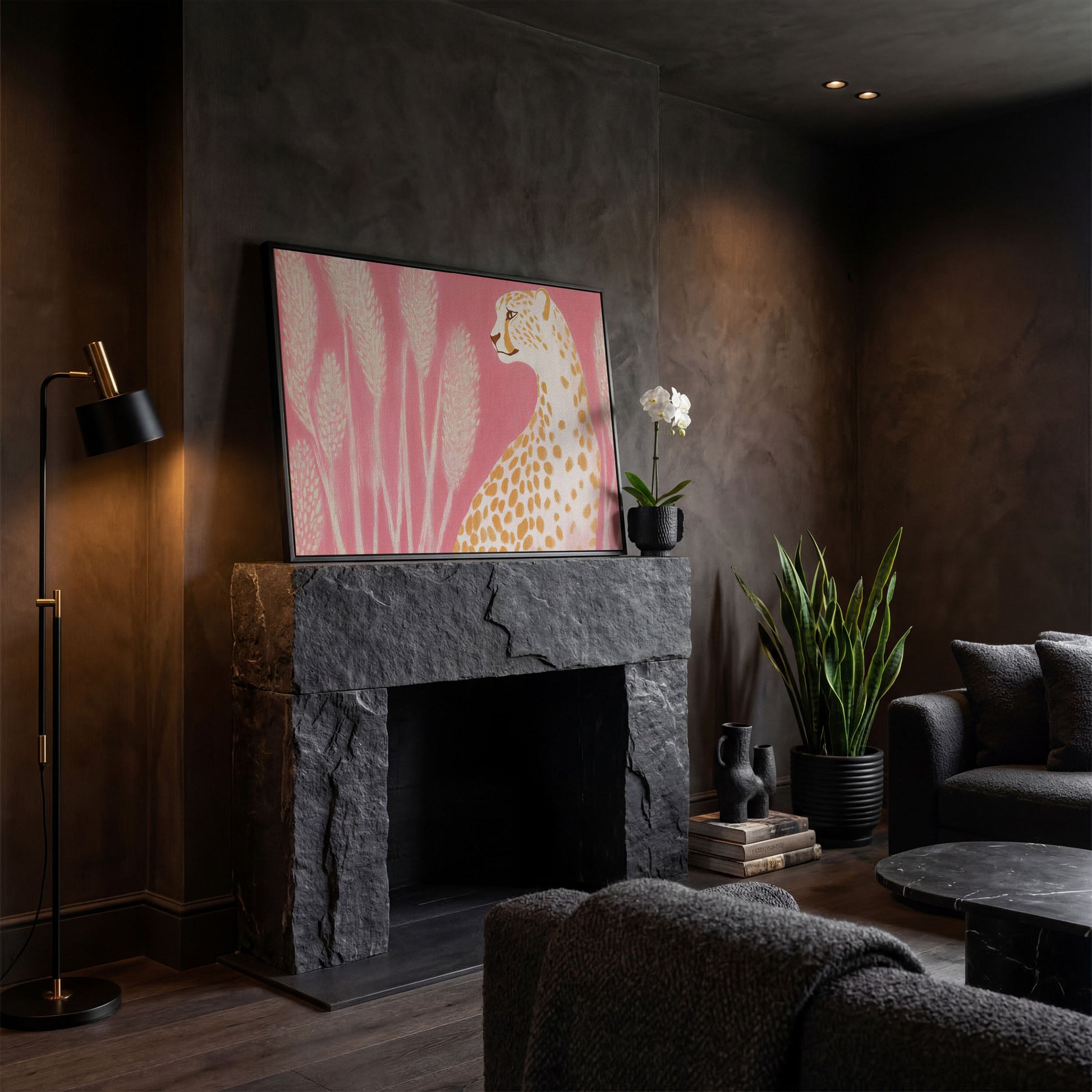 Elegant Cheetah on Pink Canvas in black floating frame