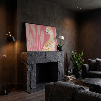 Elegant Cheetah on Pink Canvas in black floating frame