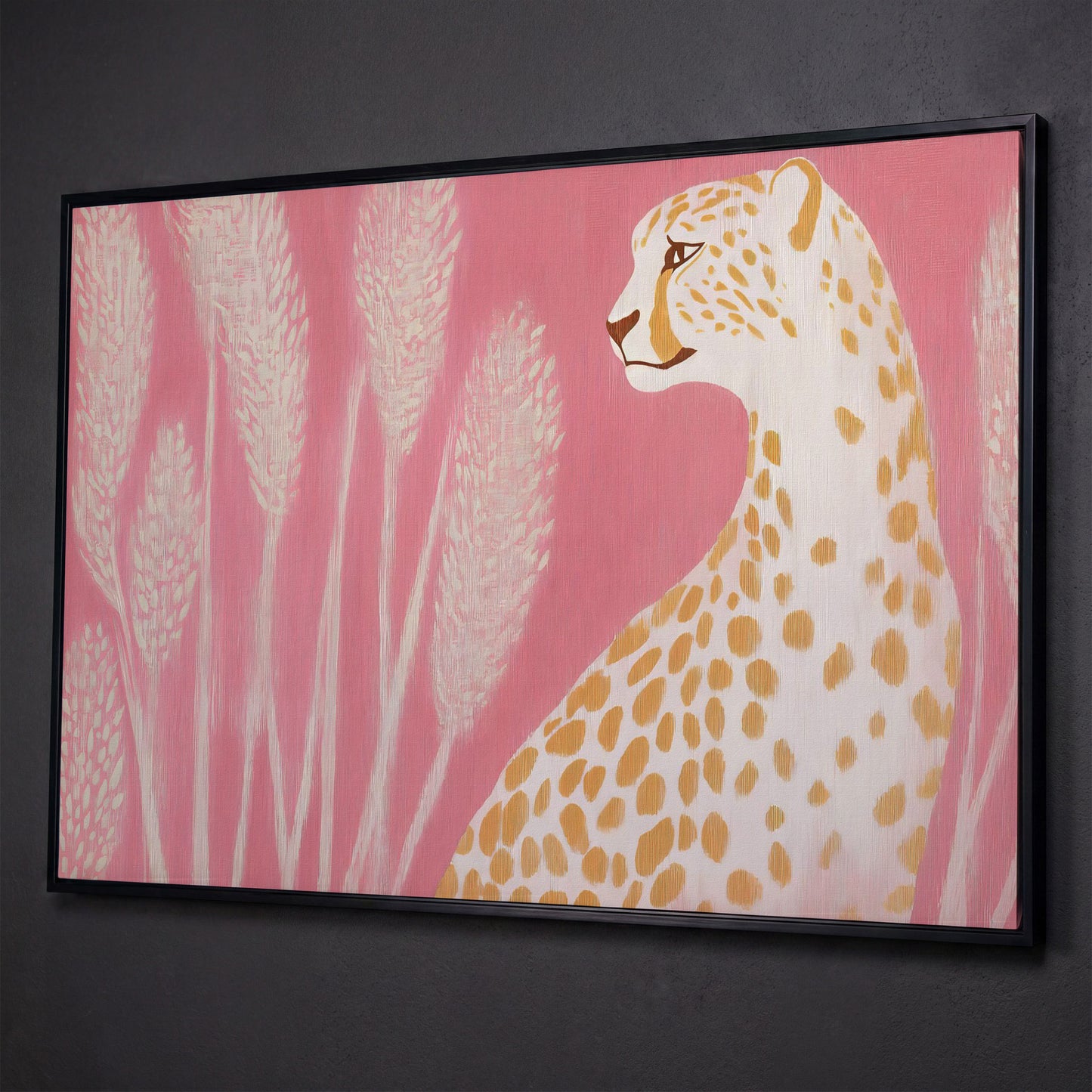 Elegant Cheetah on Pink Canvas shown in black floating frame