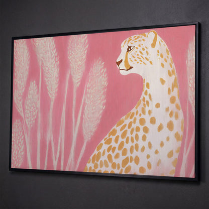 Elegant Cheetah on Pink Canvas shown in black floating frame