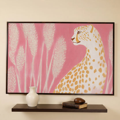 Elegant Cheetah on Pink Canvas in dark walnut floating frame
