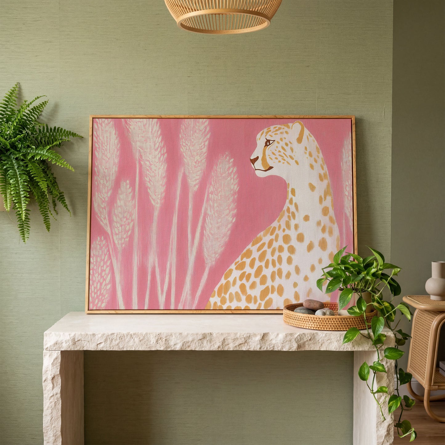 Elegant Cheetah on Pink Canvas in white oak floating frame