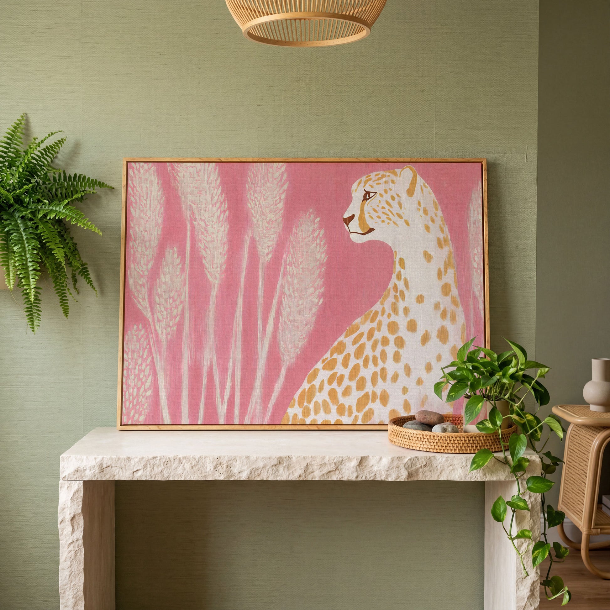 Elegant Cheetah on Pink Canvas in white oak floating frame