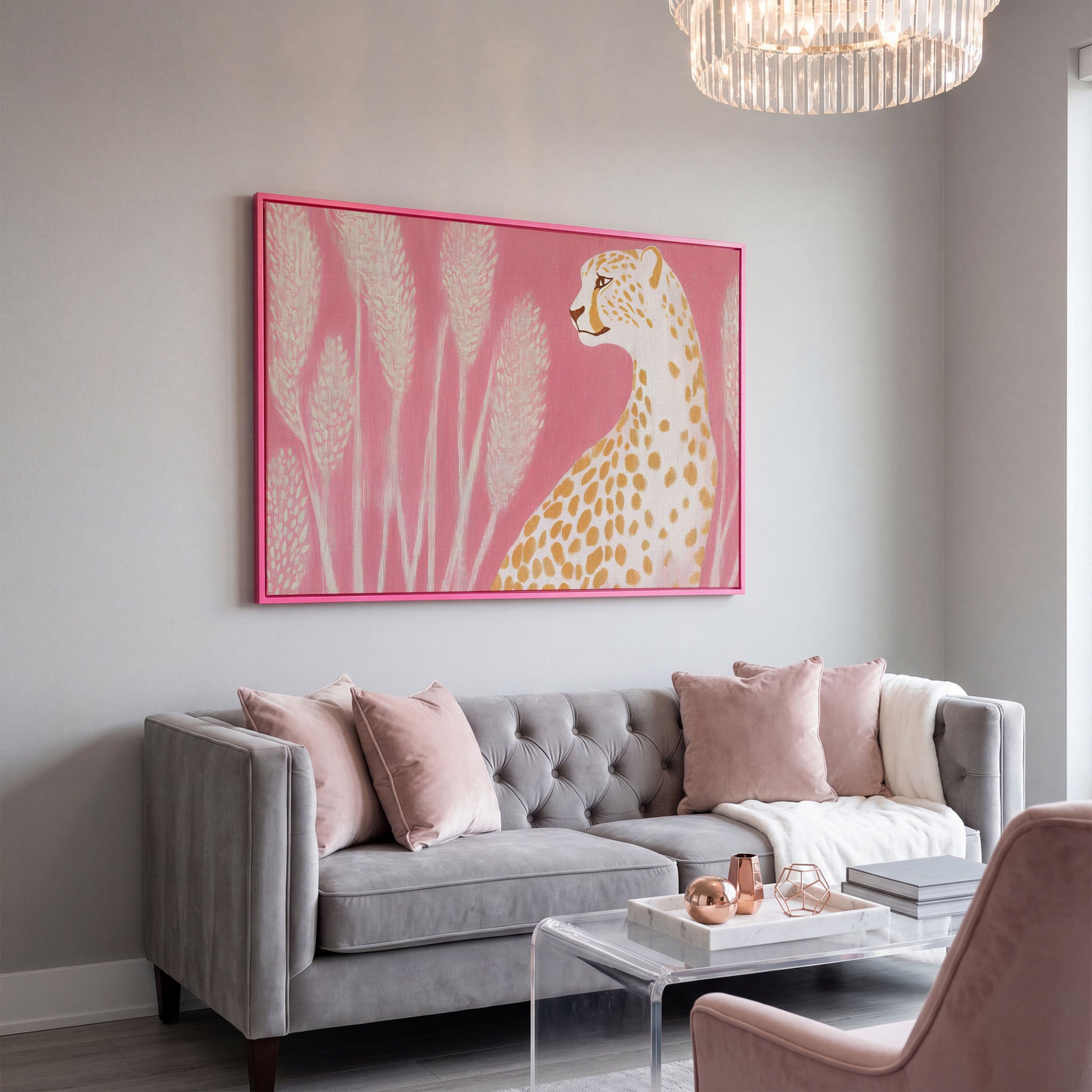 Elegant Cheetah on Pink Canvas in pink floating frame