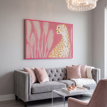 Elegant Cheetah on Pink Canvas in pink floating frame