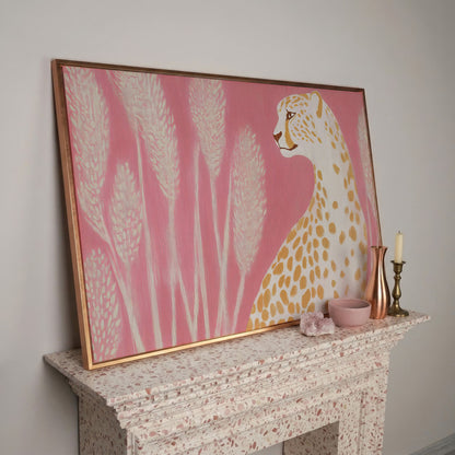 Elegant Cheetah on Pink Canvas in rose gold floating frame