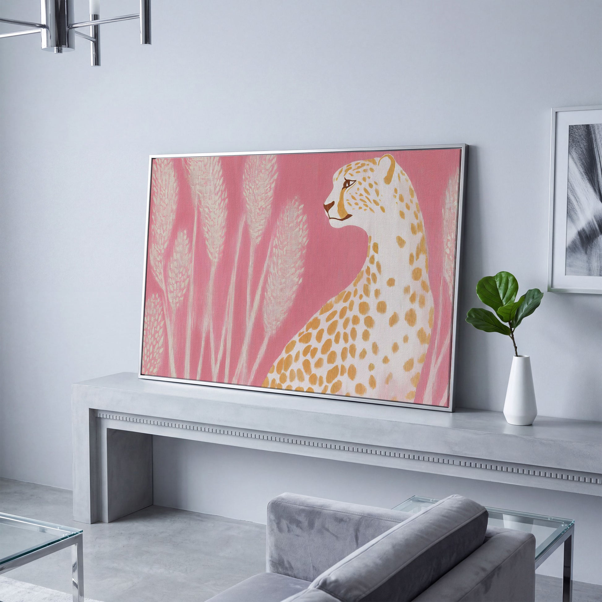 Elegant Cheetah on Pink Canvas in silver floating frame