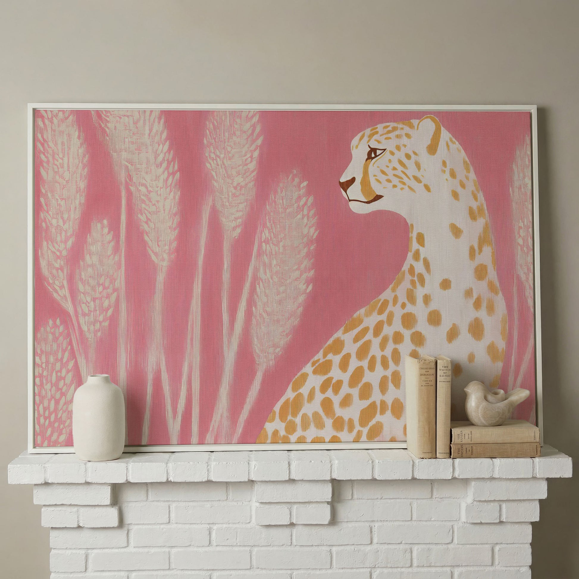Elegant Cheetah on Pink Canvas in white floating frame