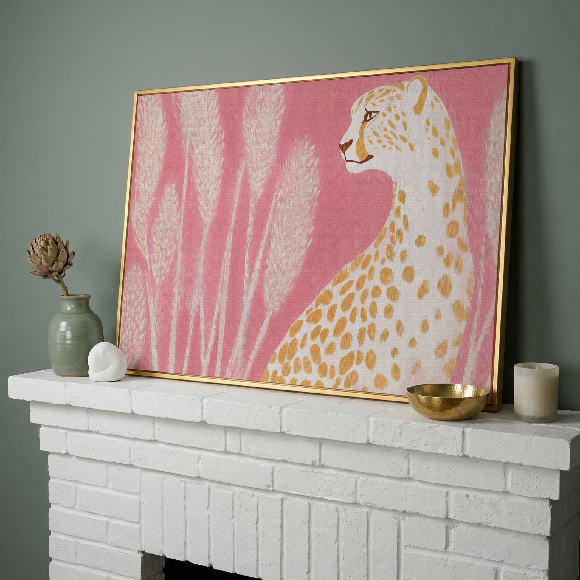 Elegant Cheetah on Pink Canvas in yellow gold floating frame