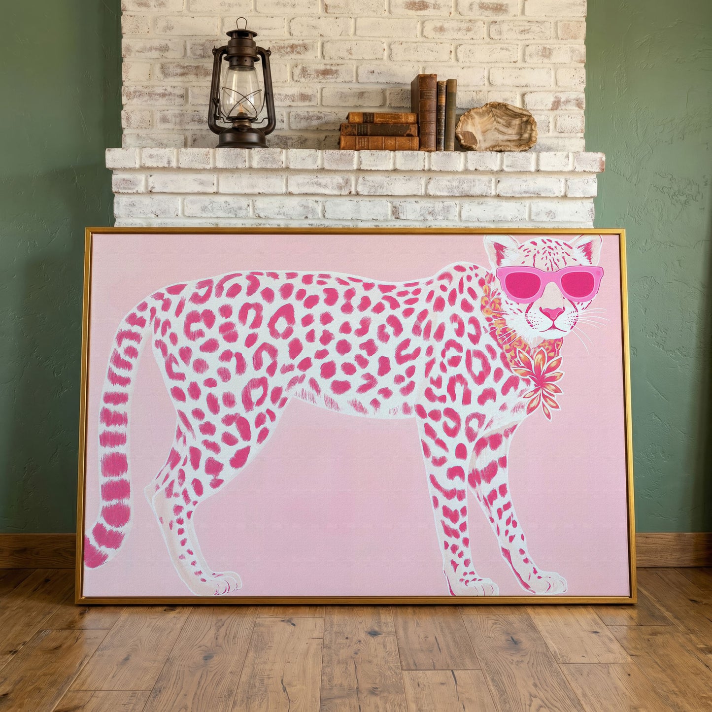 Pink Leopard in Sunglasses Canvas Print in antique gold floating frame