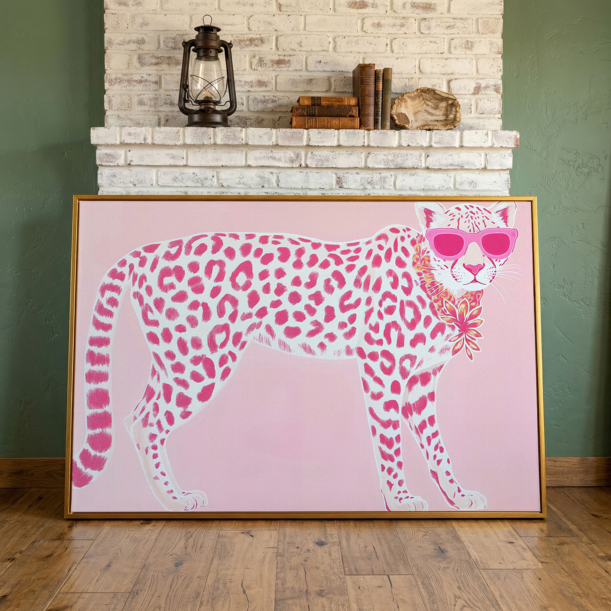 Pink Leopard in Sunglasses Canvas Print in antique gold floating frame