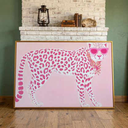 Pink Leopard in Sunglasses Canvas Print in antique gold floating frame