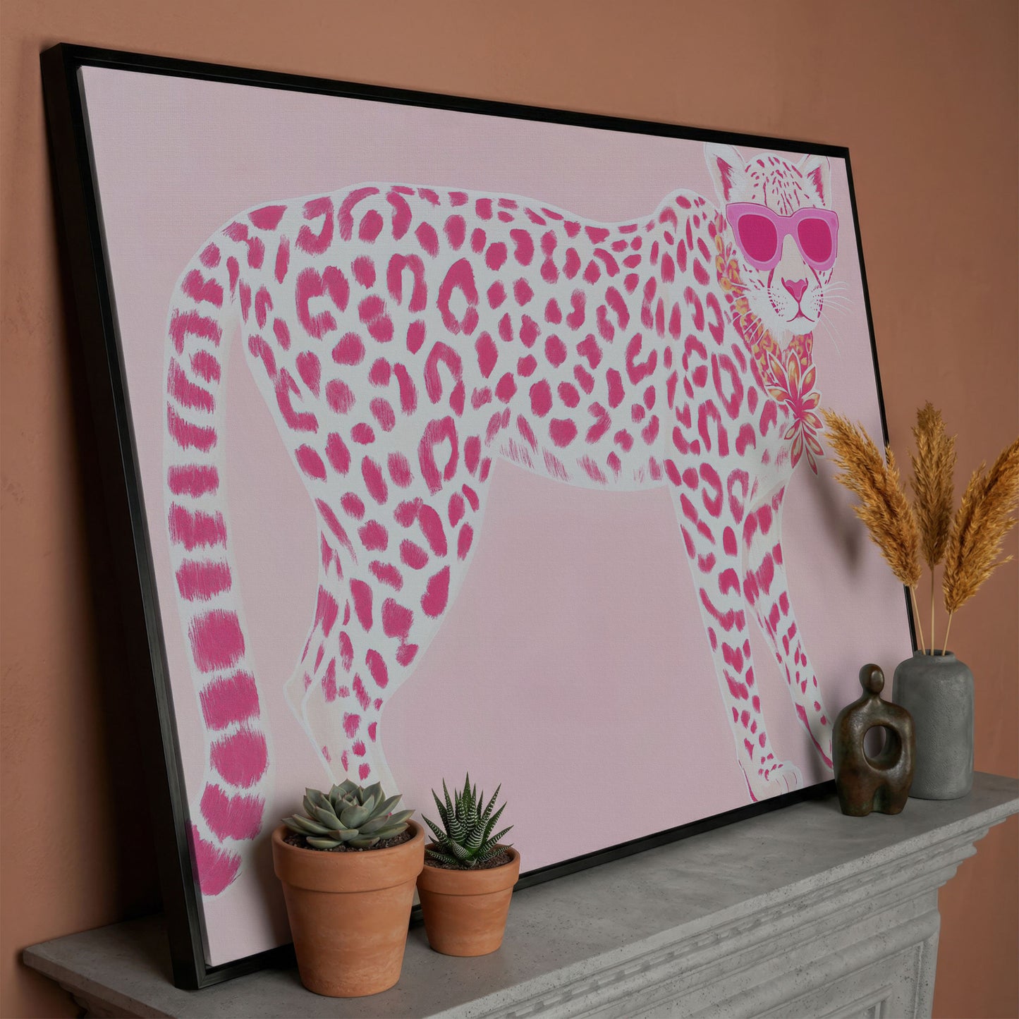 Pink Leopard in Sunglasses Canvas Print in black floating frame