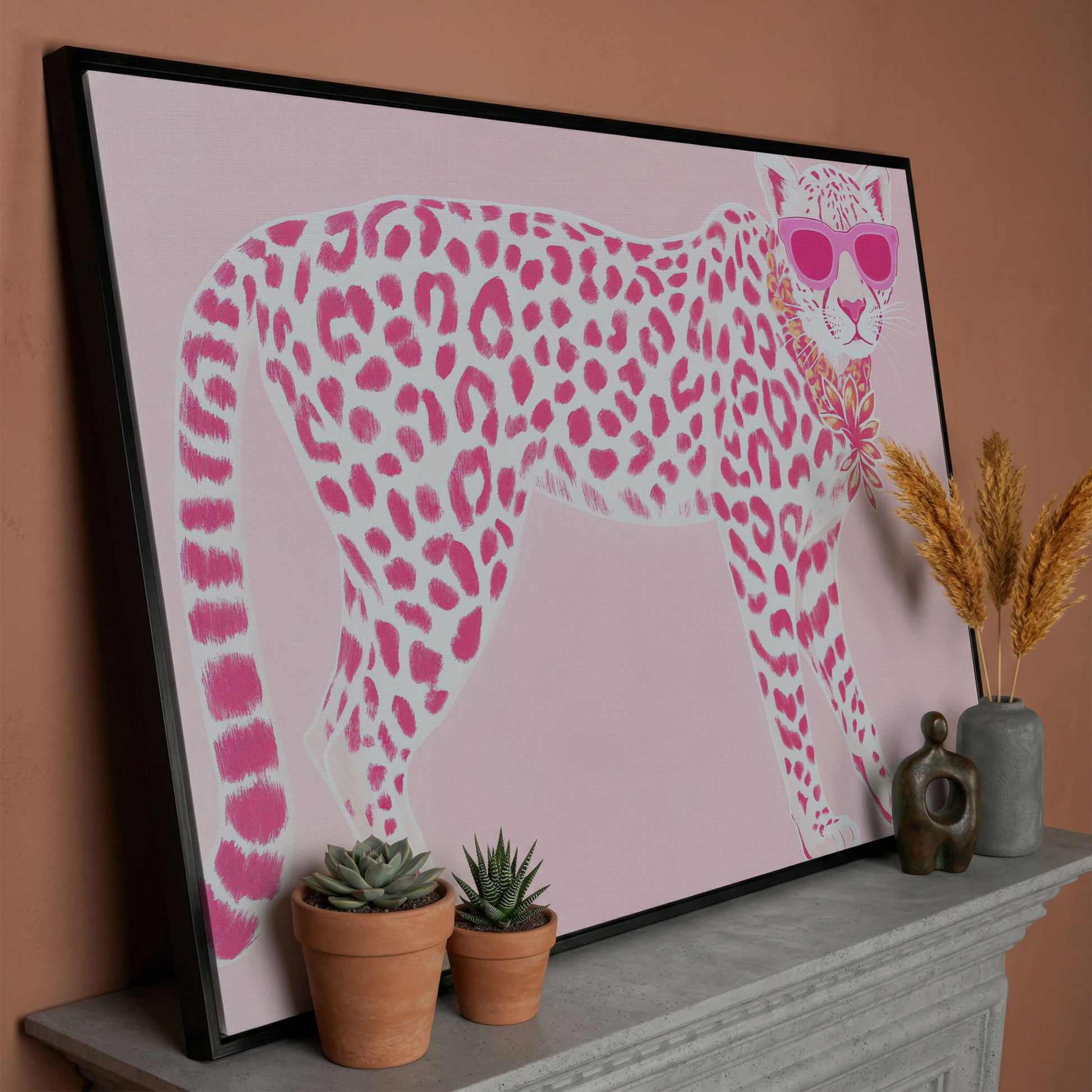 Pink Leopard in Sunglasses Canvas Print in black floating frame