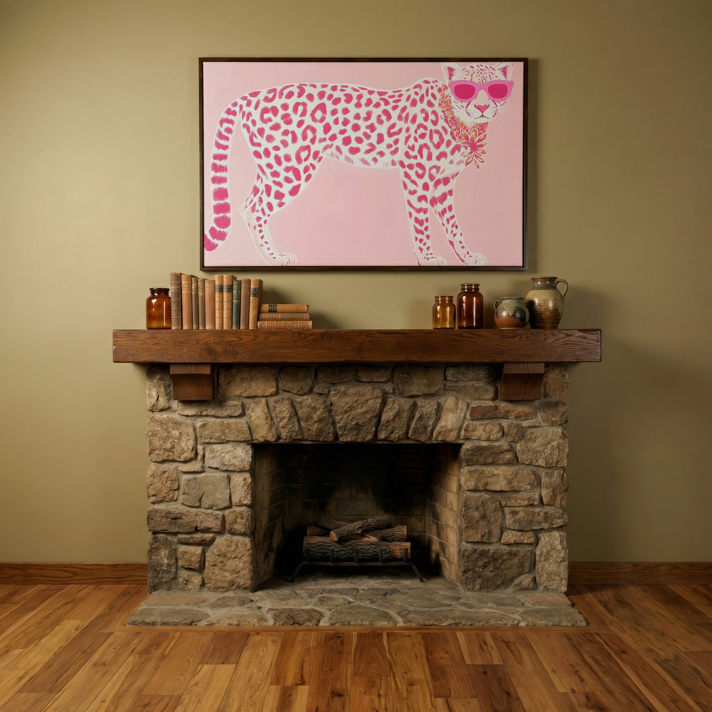 Pink Leopard in Sunglasses Canvas Print in dark walnut floating frame