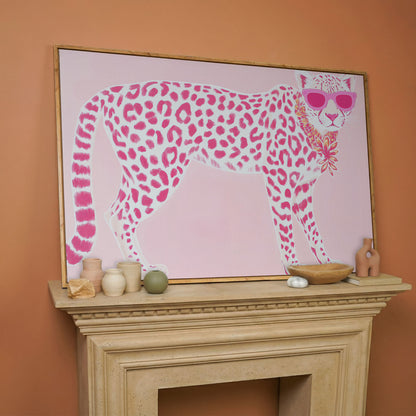 Pink Leopard in Sunglasses Canvas Print in white oak floating frame