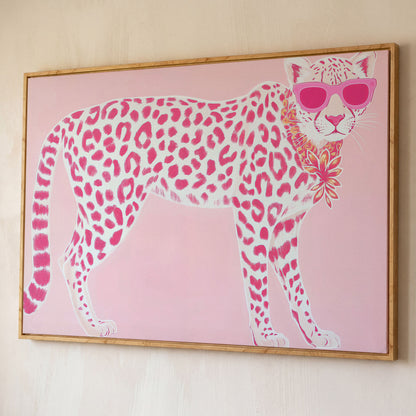 Pink Leopard in Sunglasses Canvas Print shown in white oak floating frame