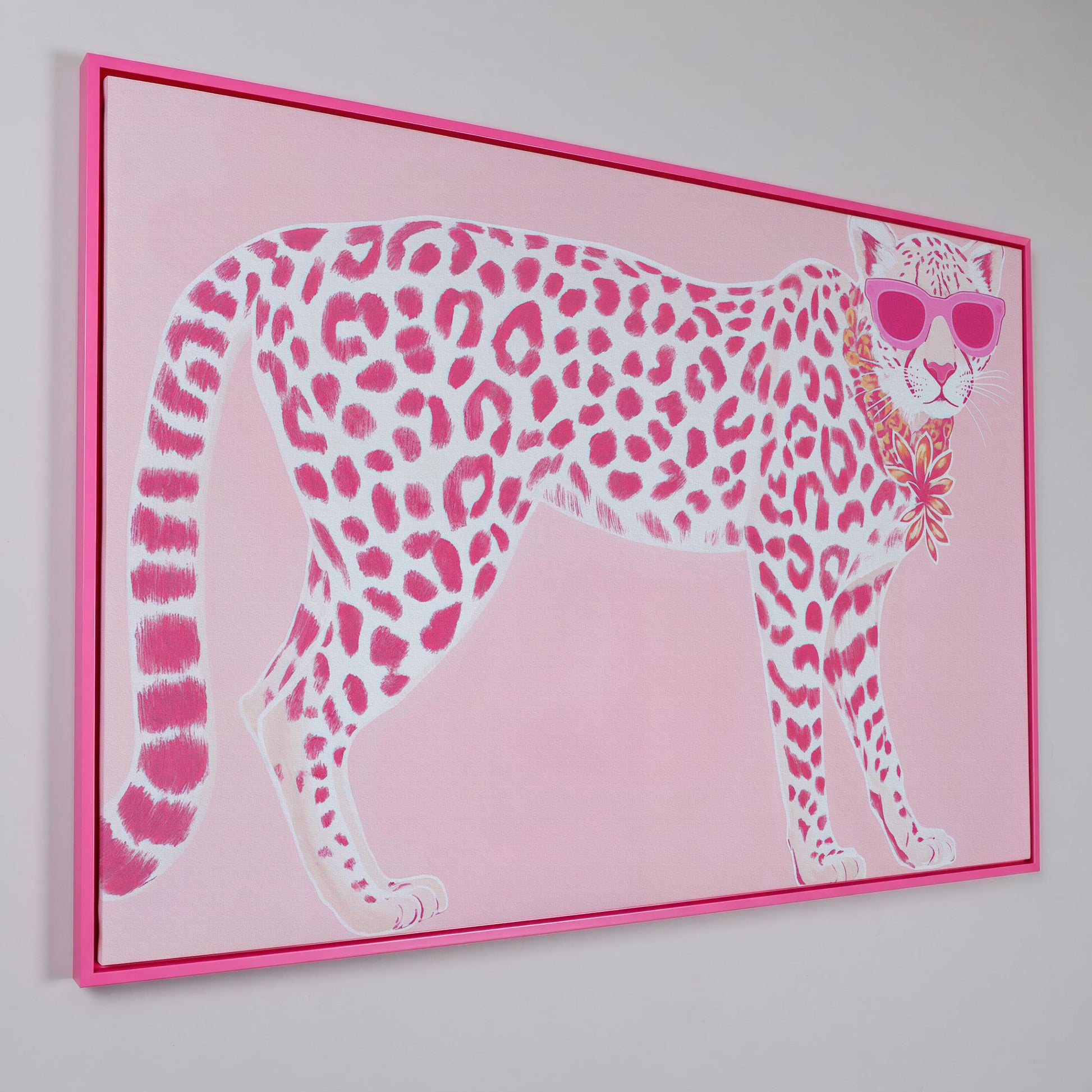 Pink Leopard in Sunglasses Canvas Print in pink floating frame