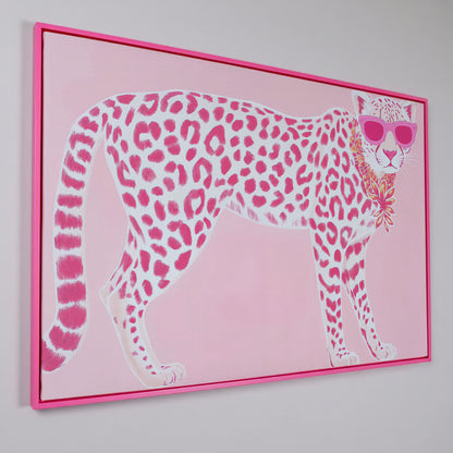 Pink Leopard in Sunglasses Canvas Print in pink floating frame