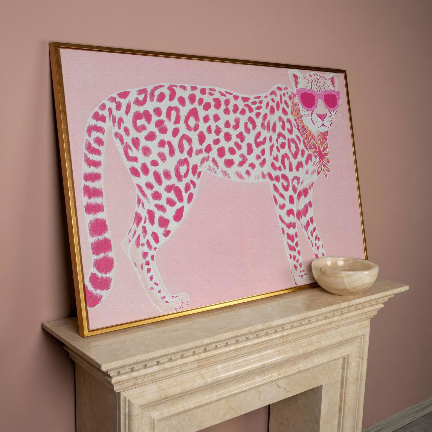 Pink Leopard in Sunglasses Canvas Print in rose gold floating frame