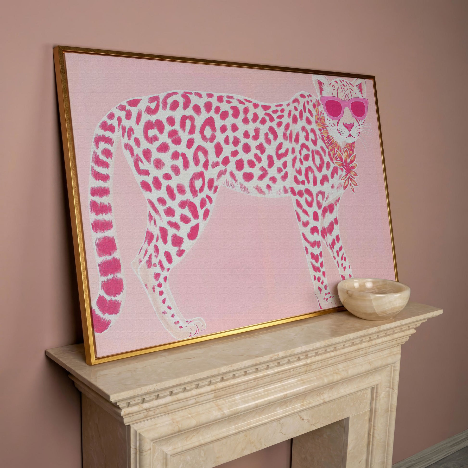 Pink Leopard in Sunglasses Canvas Print in rose gold floating frame