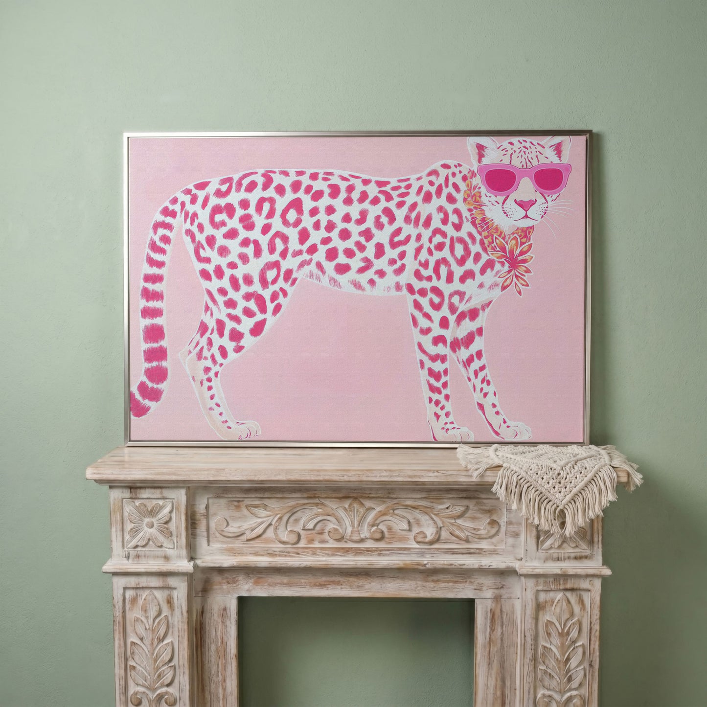 Pink Leopard in Sunglasses Canvas Print in silver floating frame