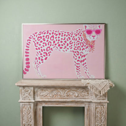 Pink Leopard in Sunglasses Canvas Print in silver floating frame