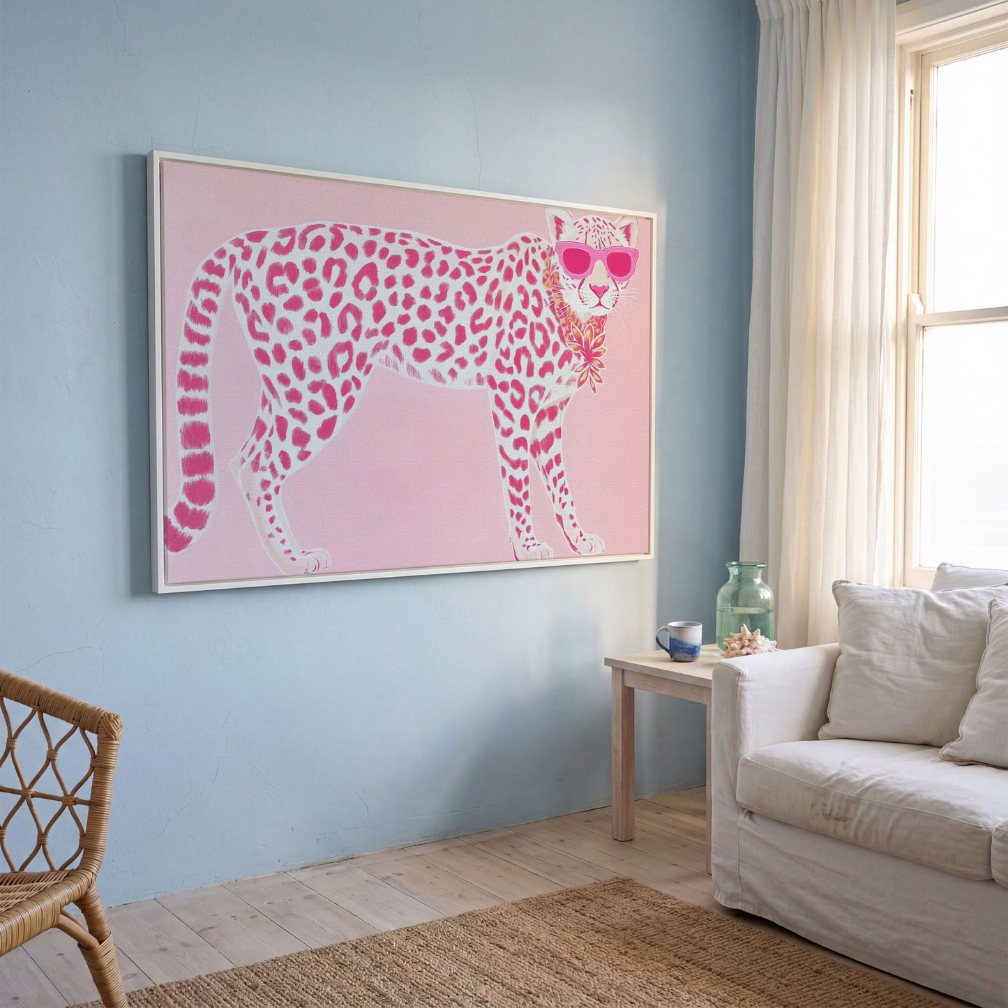 Pink Leopard in Sunglasses Canvas Print in white floating frame