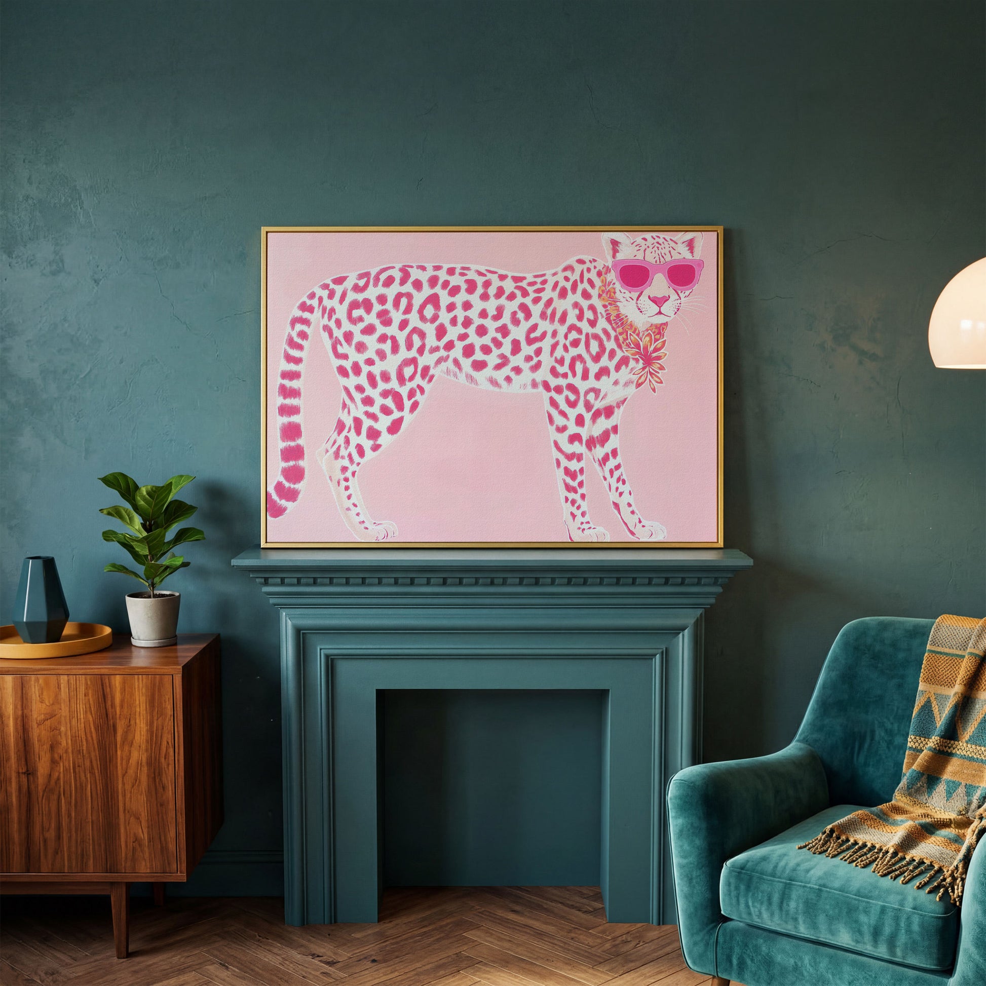 Pink Leopard in Sunglasses Canvas Print in yellow gold floating frame
