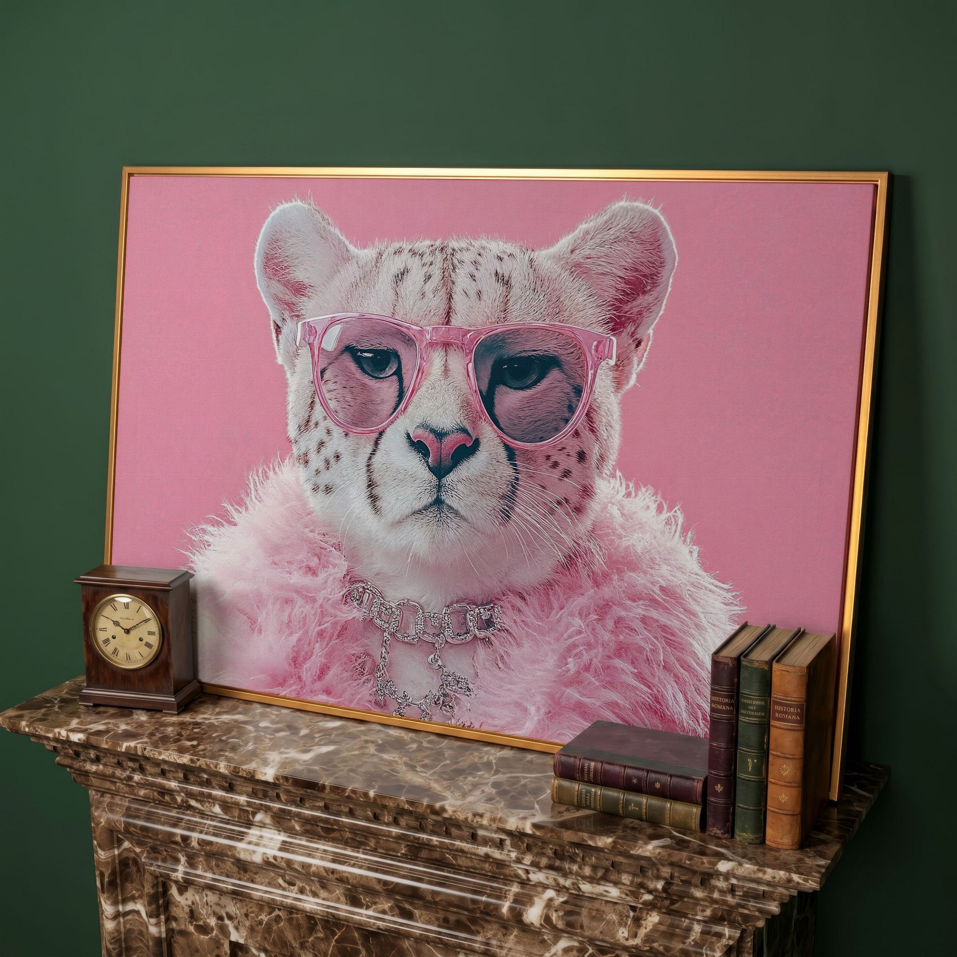 Funny Cheetah with Pink Glasses Canvas in antique gold floating frame