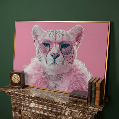 Funny Cheetah with Pink Glasses Canvas in antique gold floating frame