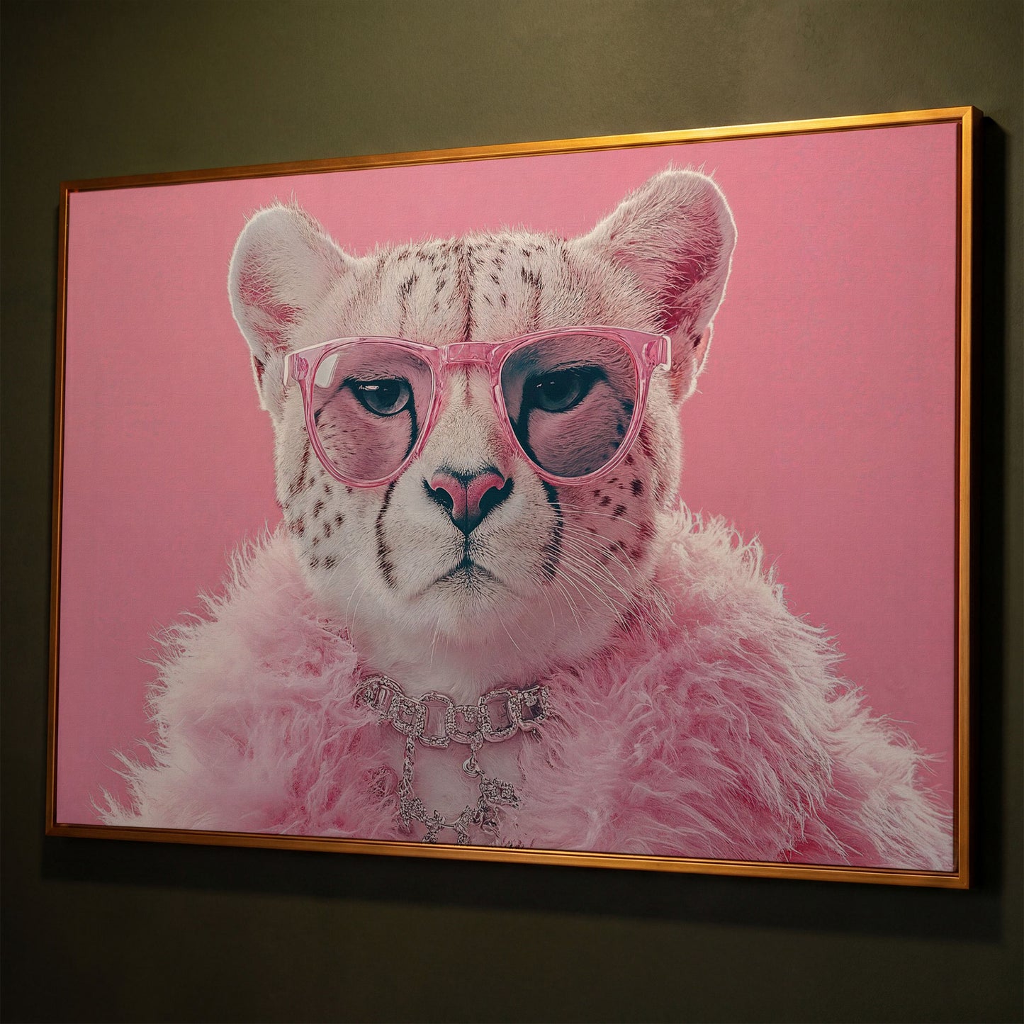 Funny Cheetah with Pink Glasses Canvas shown in antique gold floating frame