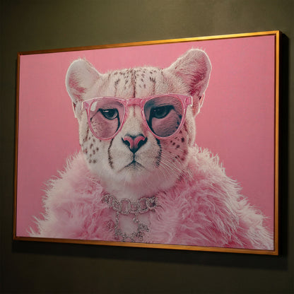 Funny Cheetah with Pink Glasses Canvas shown in antique gold floating frame