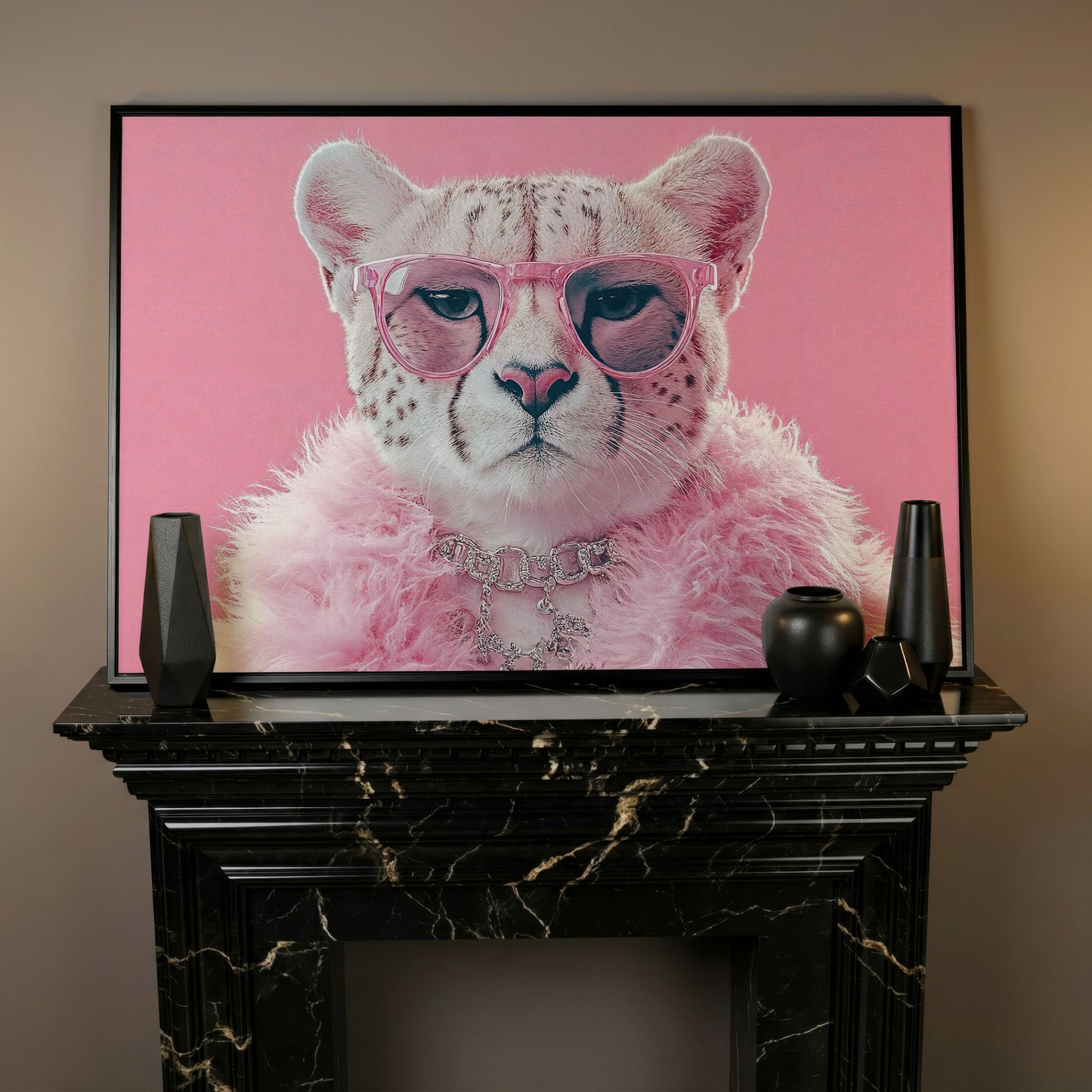 Funny Cheetah with Pink Glasses Canvas in black floating frame