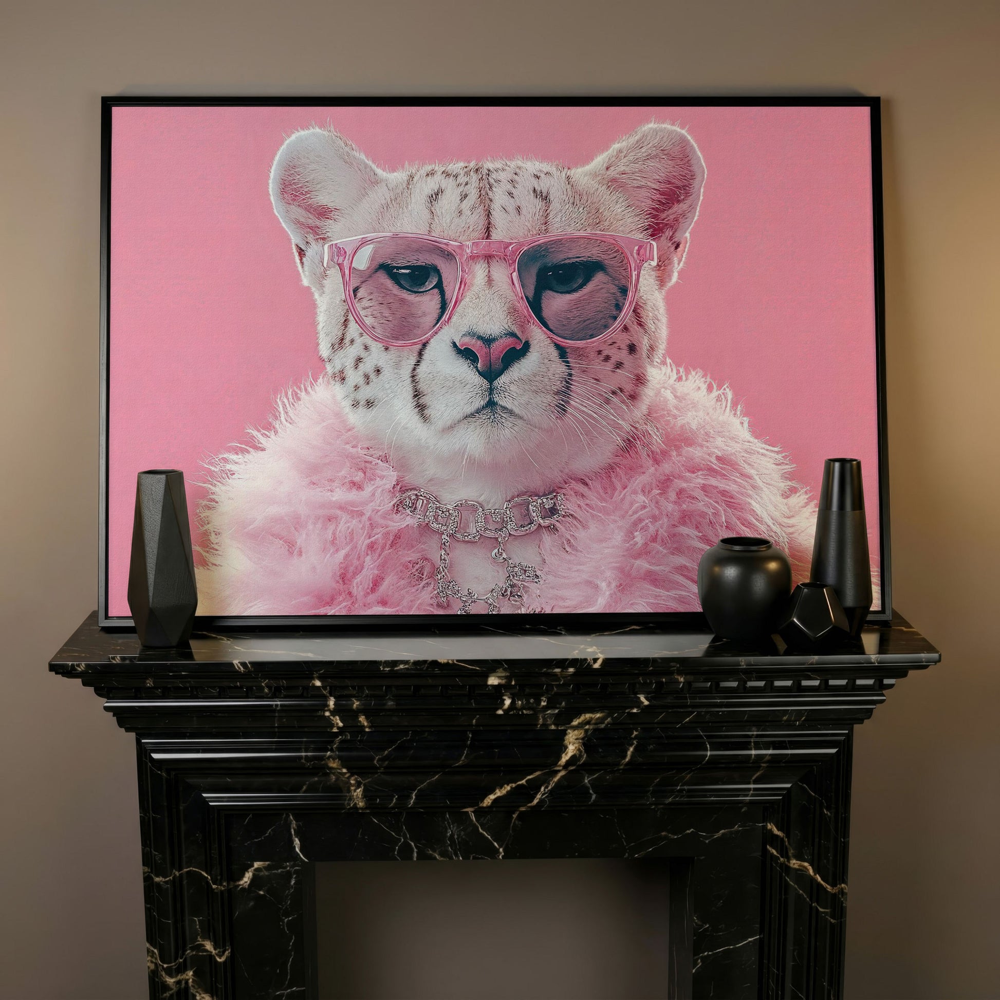 Funny Cheetah with Pink Glasses Canvas in black floating frame
