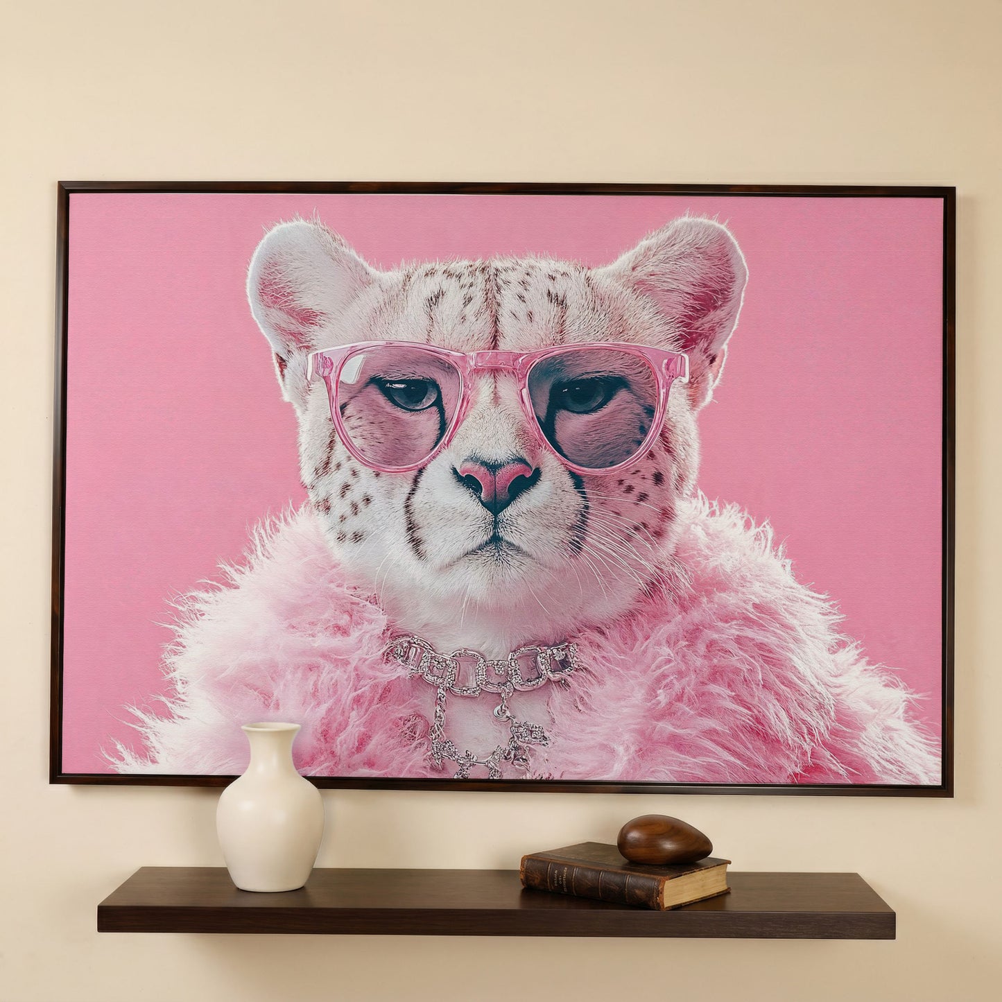 Funny Cheetah with Pink Glasses Canvas in dark walnut floating frame