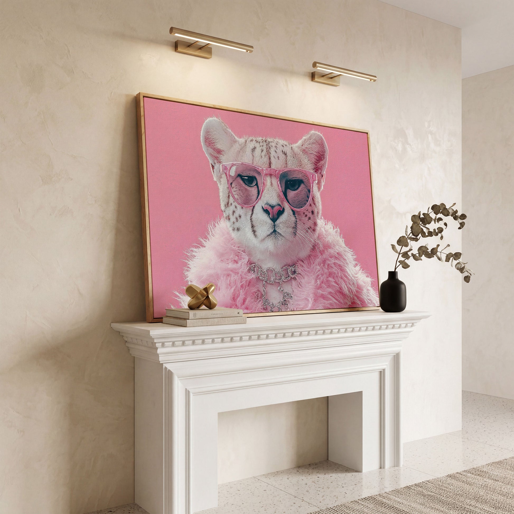 Funny Cheetah with Pink Glasses Canvas in white oak floating frame