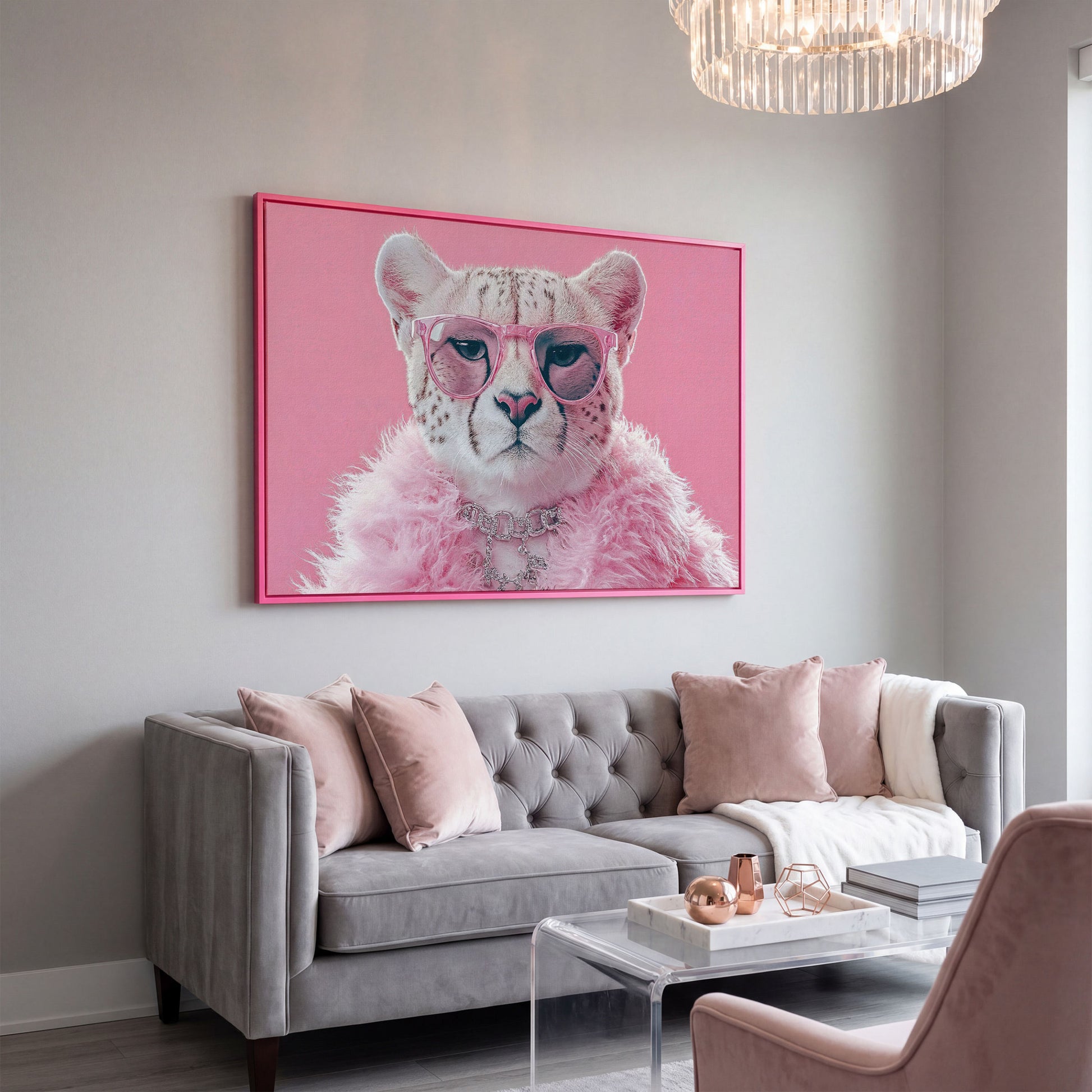 Funny Cheetah with Pink Glasses Canvas in pink floating frame