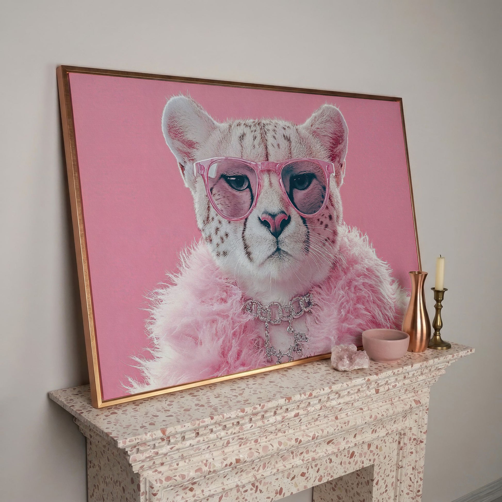 Funny Cheetah with Pink Glasses Canvas in rose gold floating frame