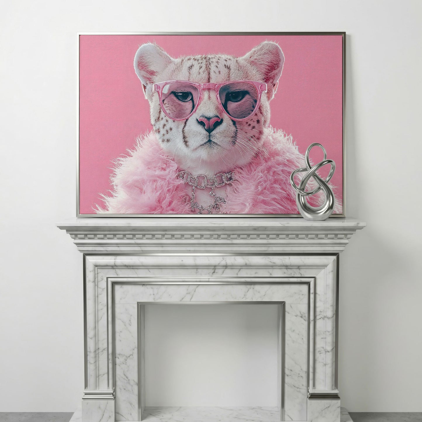 Funny Cheetah with Pink Glasses Canvas in silver floating frame