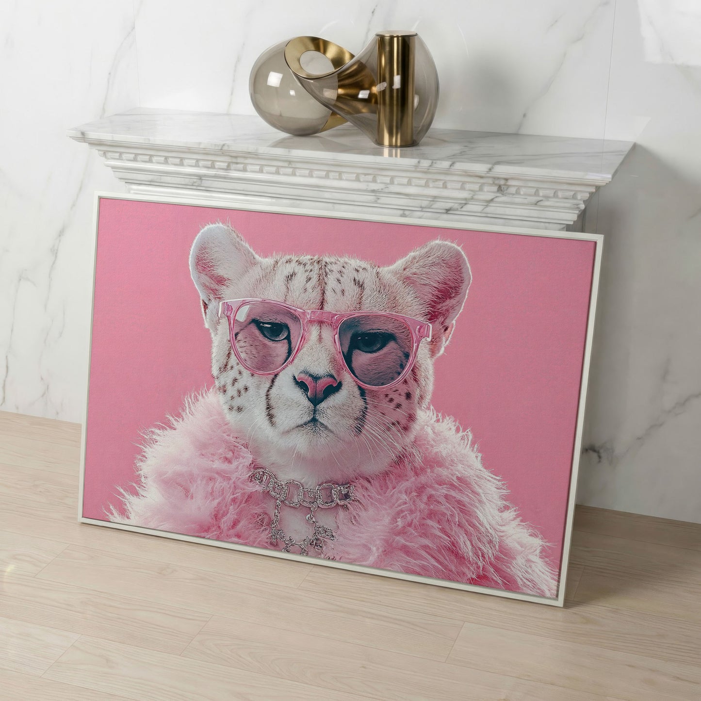 Funny Cheetah with Pink Glasses Canvas in white floating frame