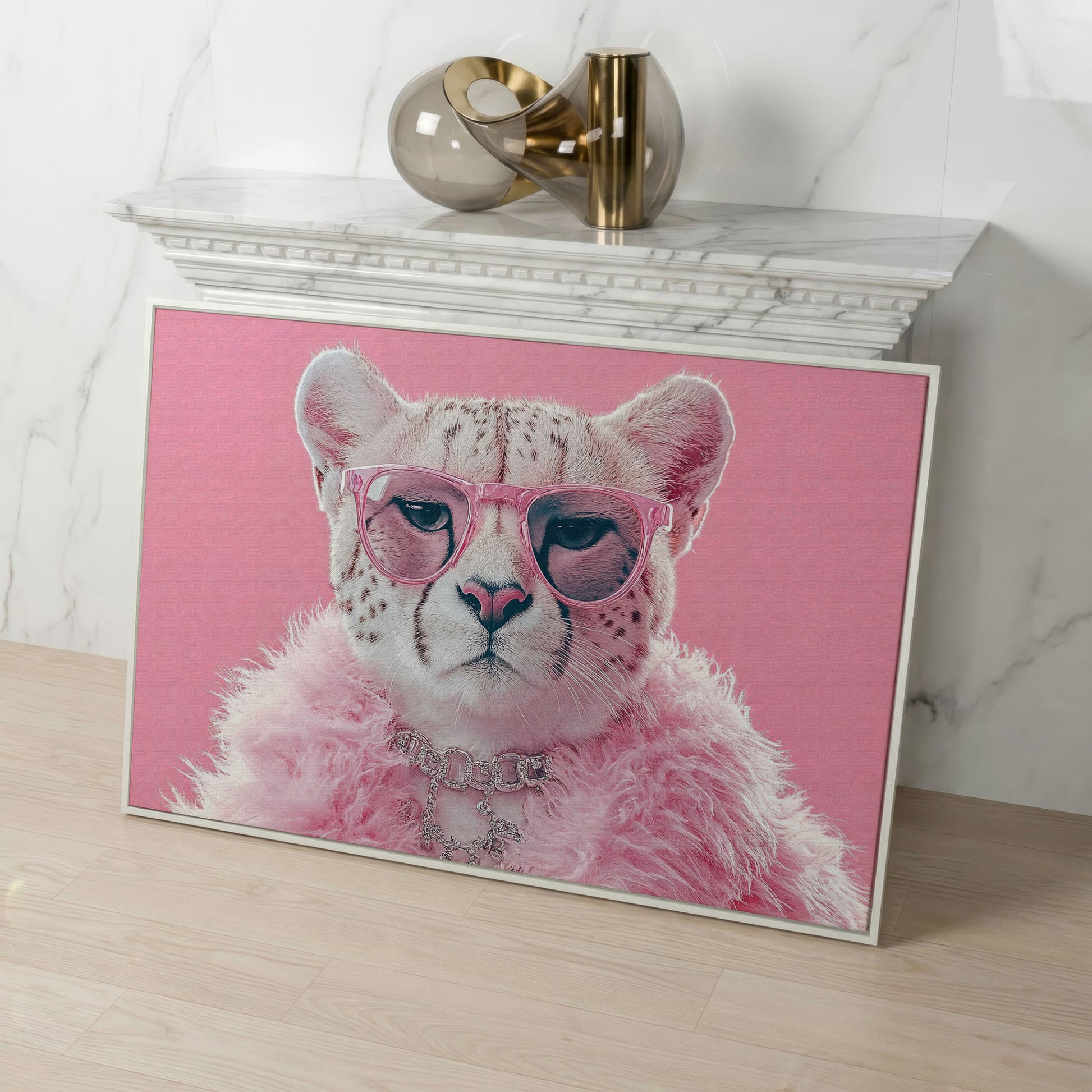 Funny Cheetah with Pink Glasses Canvas in white floating frame