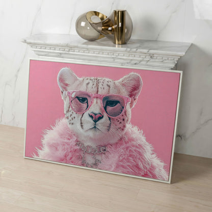 Funny Cheetah with Pink Glasses Canvas in white floating frame